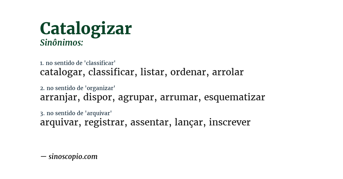Sinônimo de catalogizar
