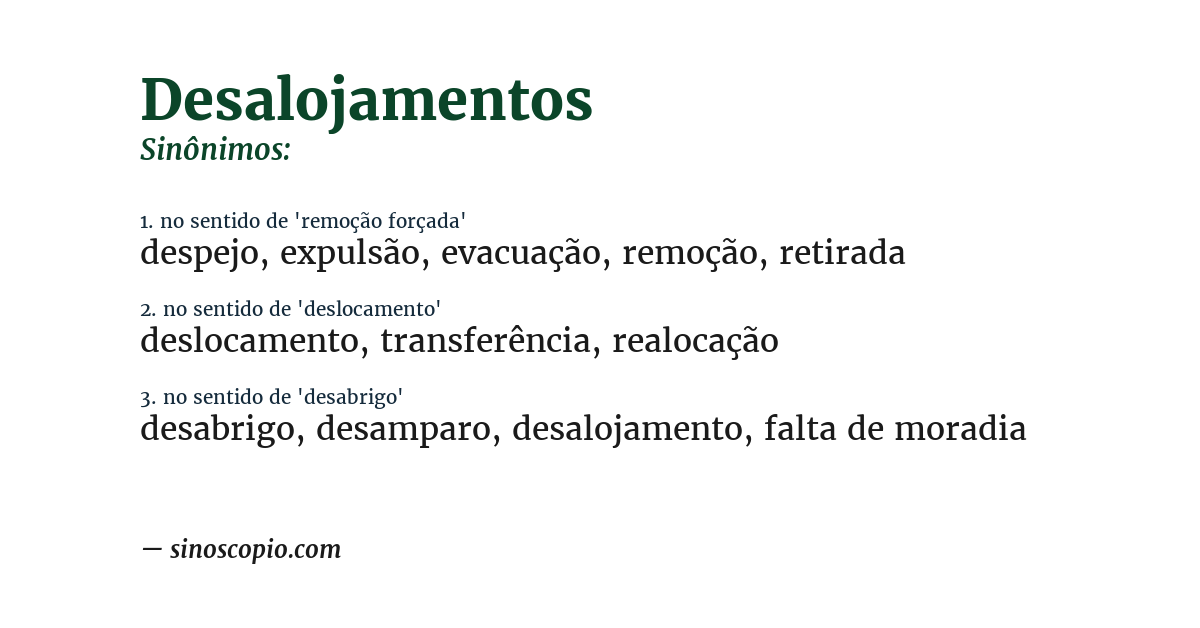 Sinônimo de desalojamentos