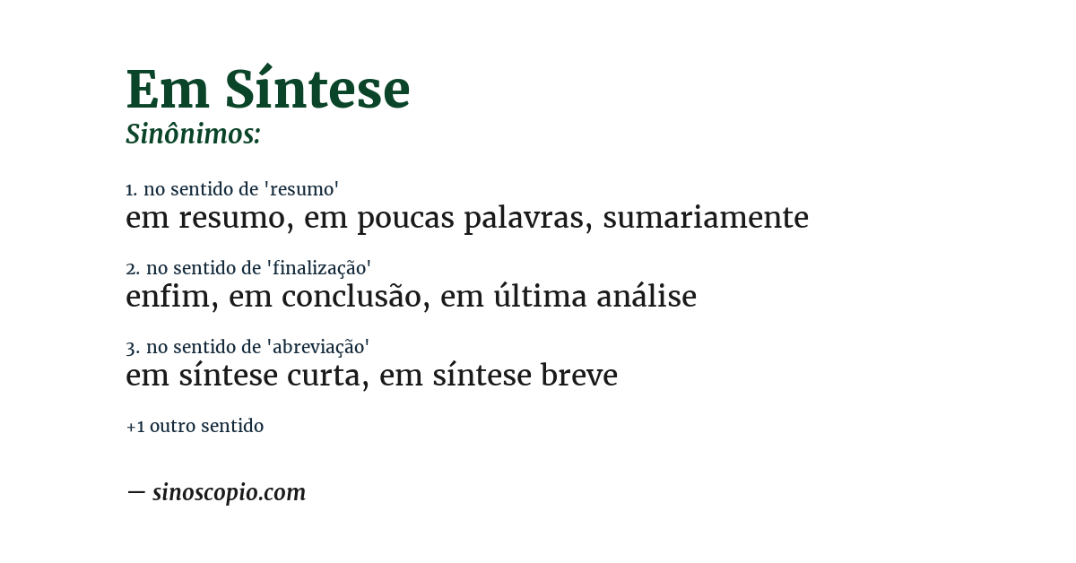 Sinônimo de em síntese