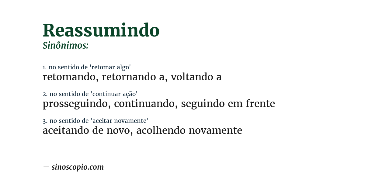 Sinônimo de reassumindo