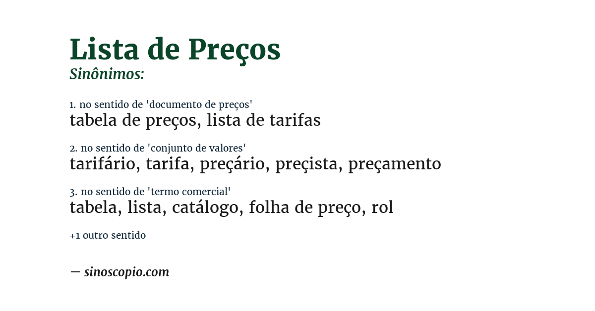 Sinônimo de lista de preços