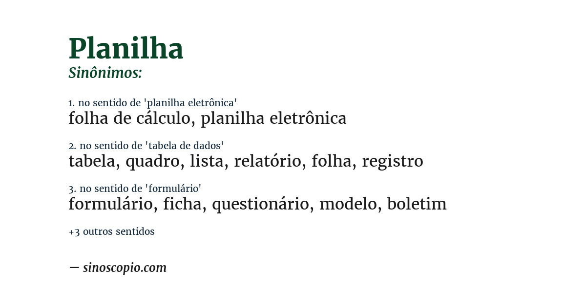Sinônimo de planilha