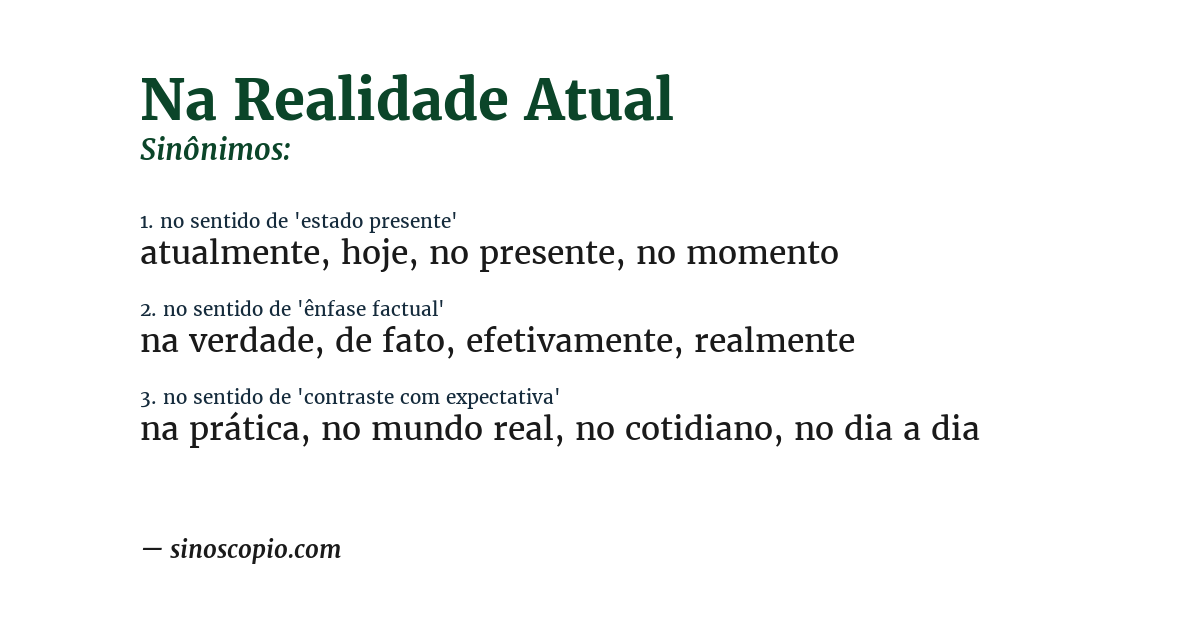 Sinônimo de na realidade atual