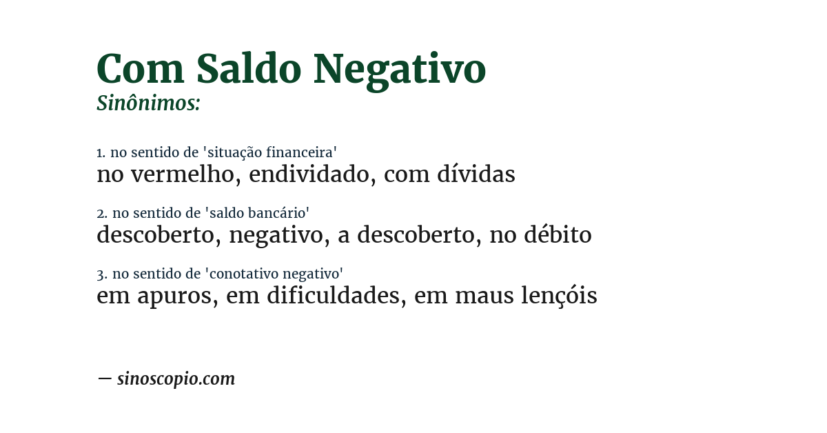 Sinônimo de com saldo negativo