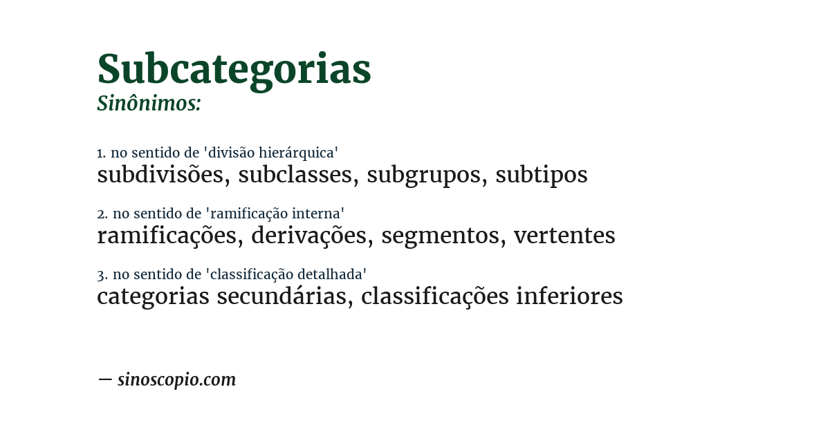 Sinônimo de subcategorias