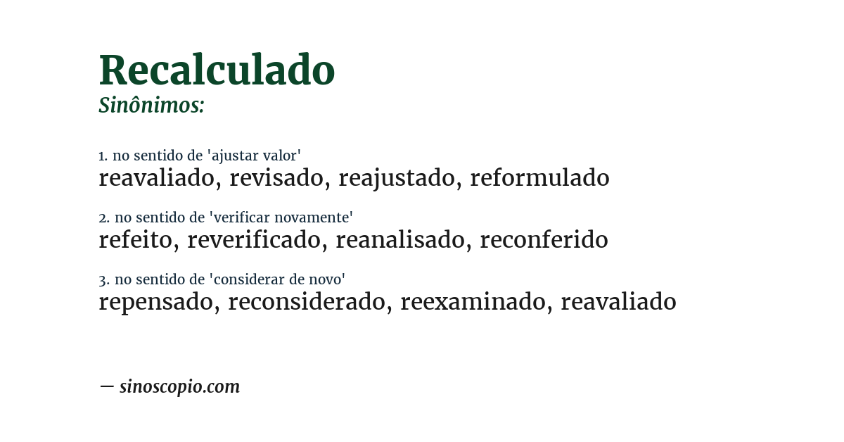 Sinônimo de recalculado