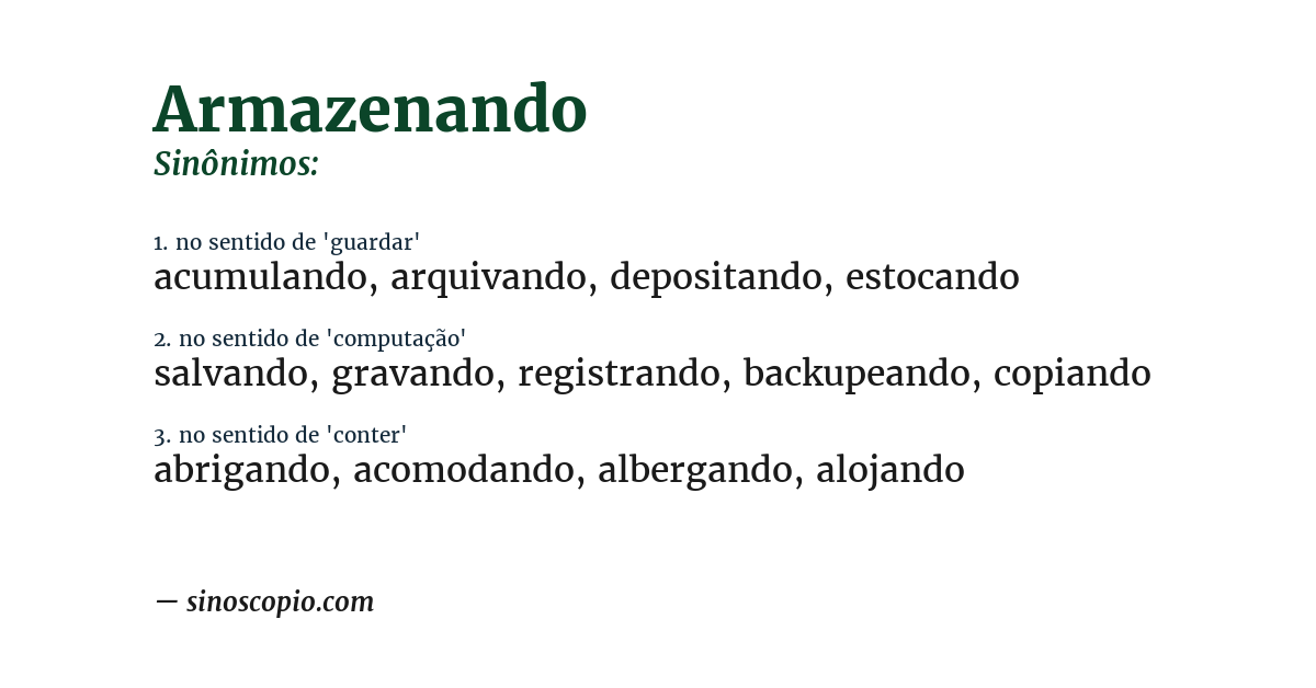 Sinônimo de armazenando