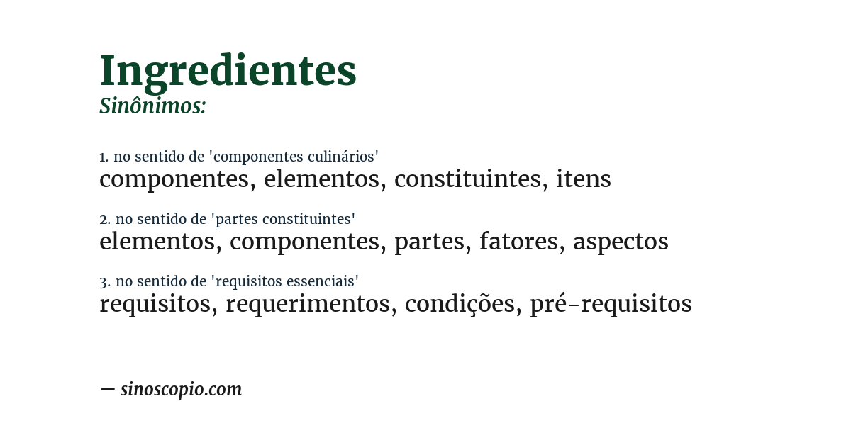 Sinônimo de ingredientes