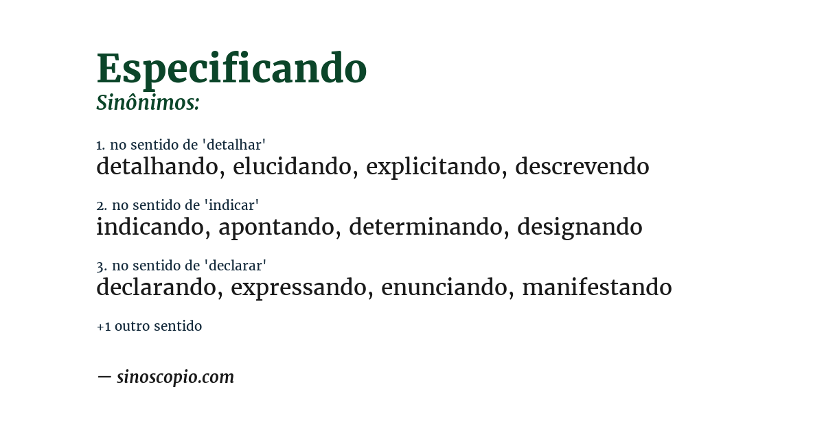 Sinônimo de especificando