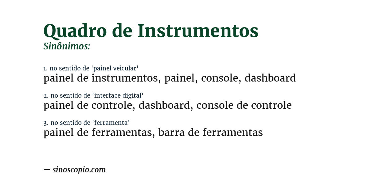 Sinônimo de quadro de instrumentos