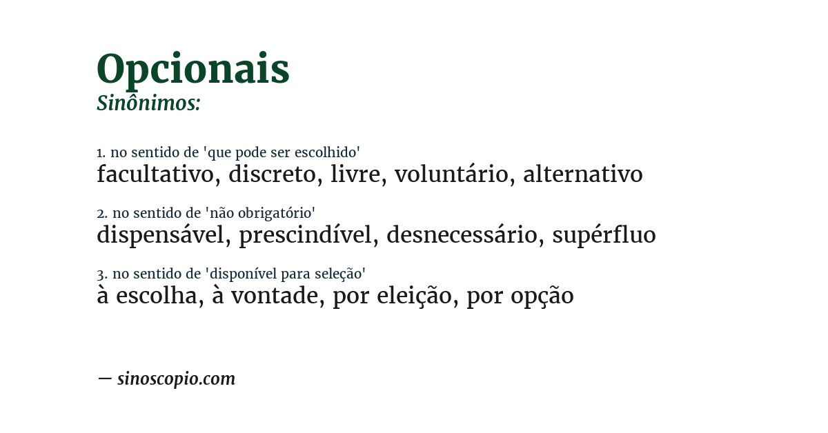 Sinônimo de opcionais