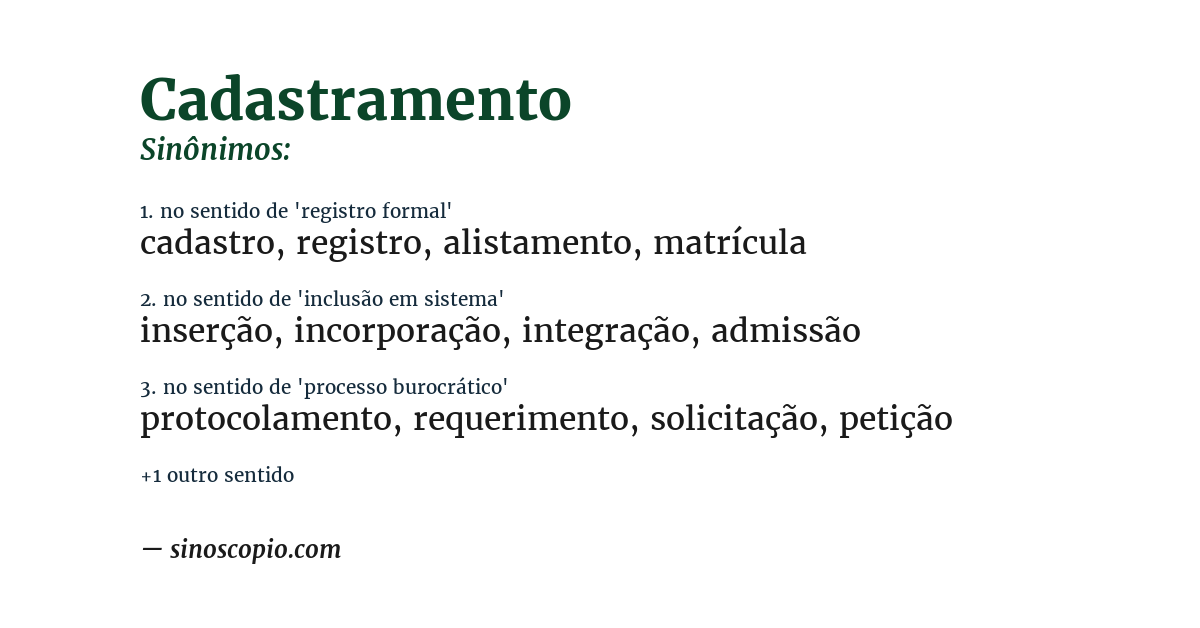 Sinônimo de cadastramento