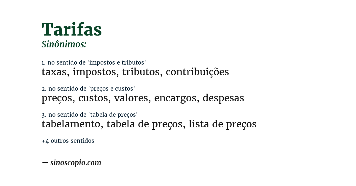 Sinônimo de tarifas