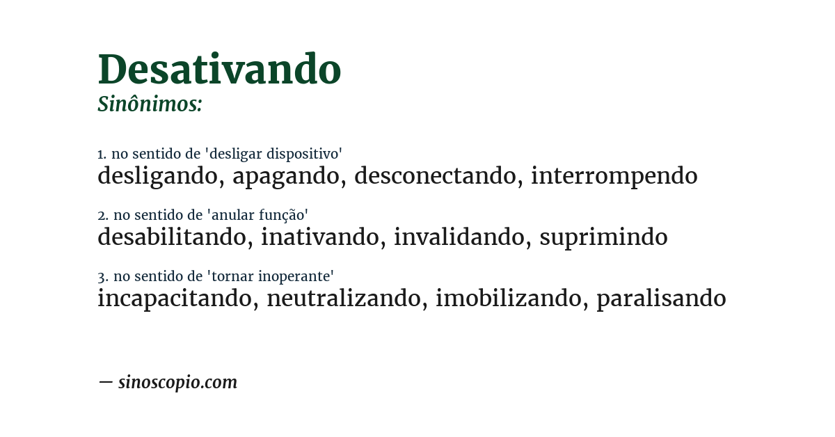 Sinônimo de desativando