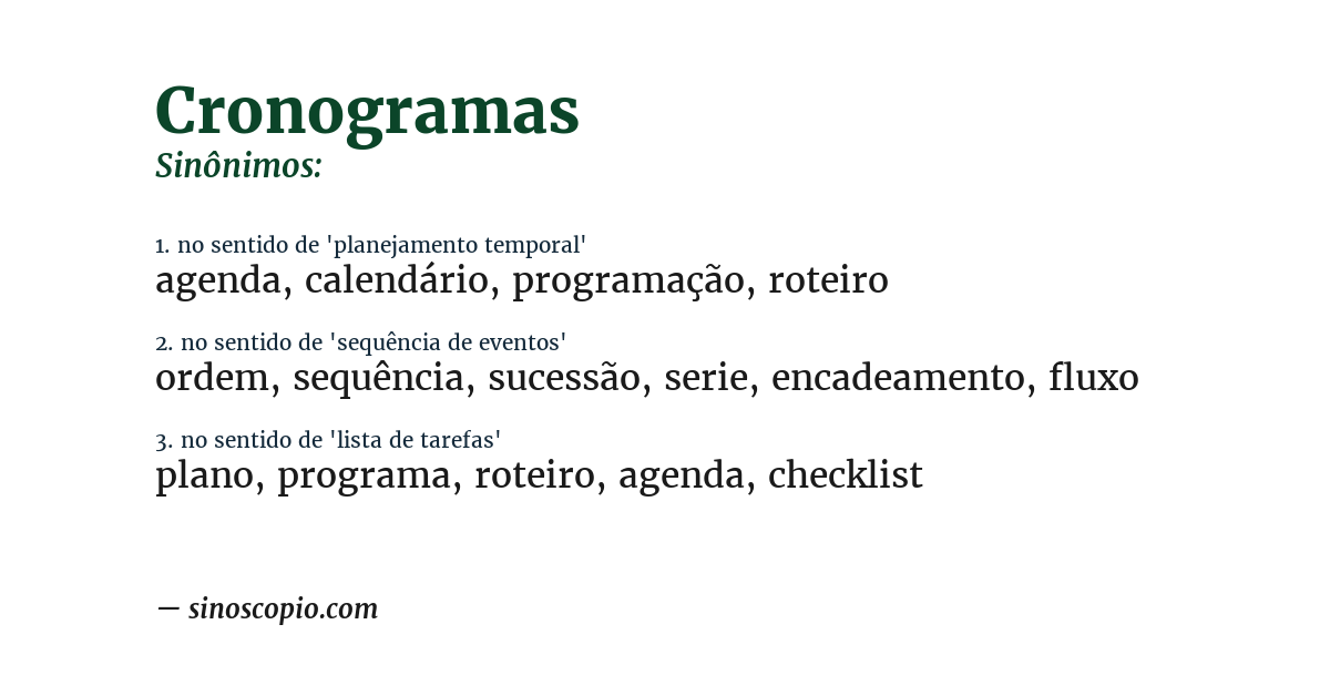 Sinônimo de cronogramas