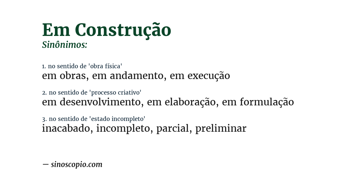 Sinônimo de em construção