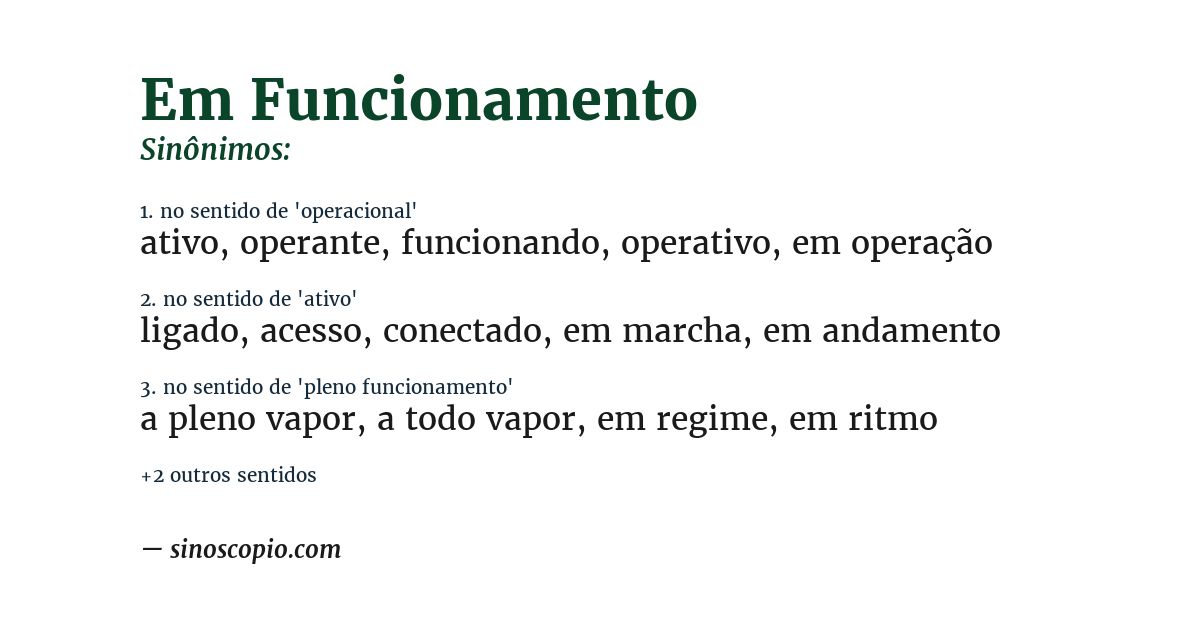Sinônimo de em funcionamento
