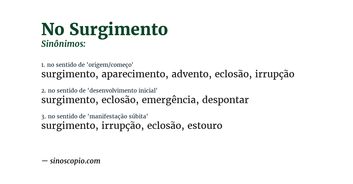 Sinônimo de no surgimento