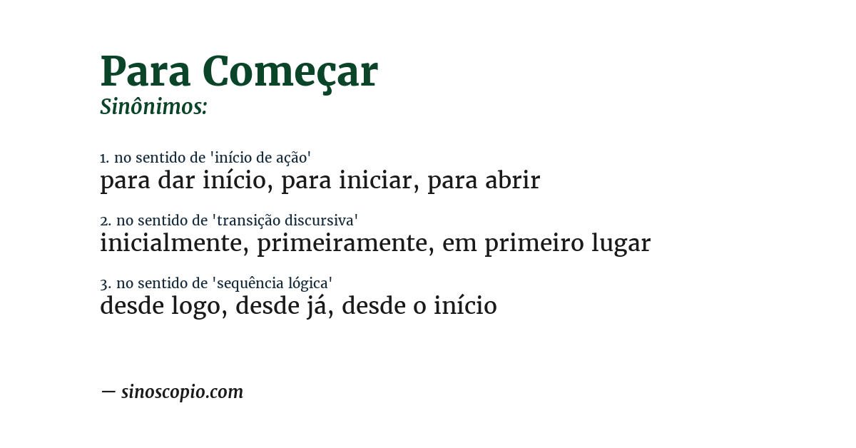 Sinônimo de para começar