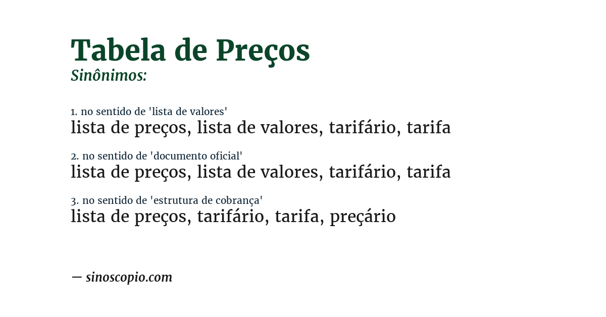 Sinônimo de tabela de preços