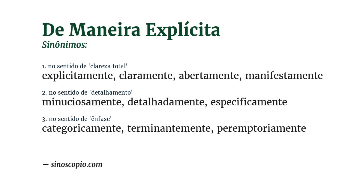 Sinônimo de de maneira explícita