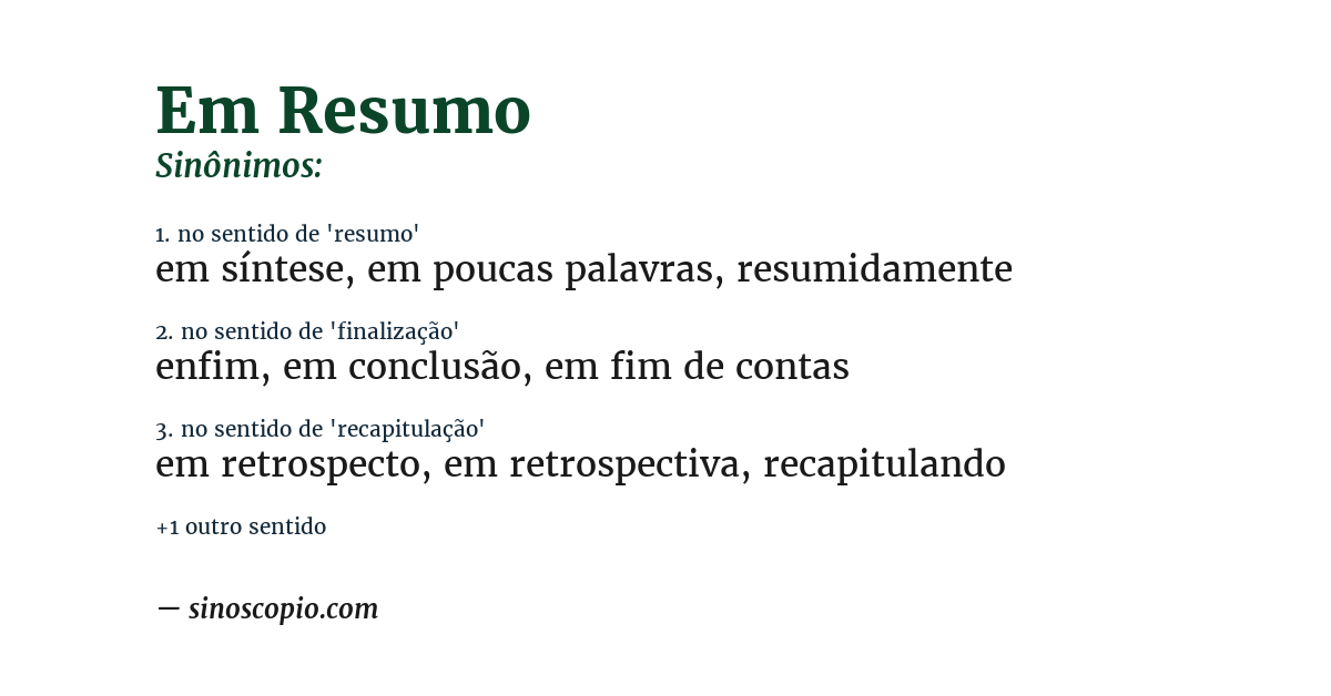 Sinônimo de em resumo