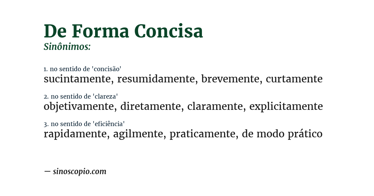 Sinônimo de de forma concisa